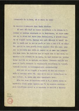 Copia de la carta de Dámaso Alonso a Juan Ramón Jiménez en la que se lamenta por la dificultad qu...