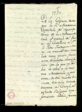 Carta de Antonio M[a]r[tíne]z Salazar a Juan [de] Trigueros con la que remite el expediente relat...