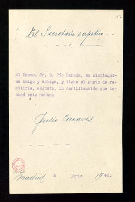 Copia del besalamano de Julio Casares a Pío Baroja al que adjunta la certificación que indicó