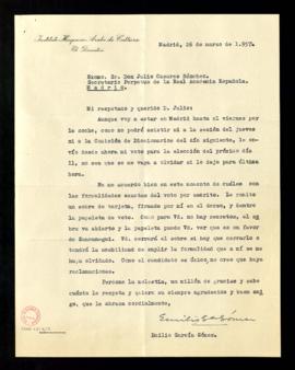 Carta de Emilio García Gómez a Julio Casares, secretario, con la que le remite un sobre con su vo...