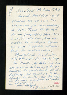 Carta de Federico García Sanchiz a Melchor Fernández Almagro en la que le agradece el envío de su...