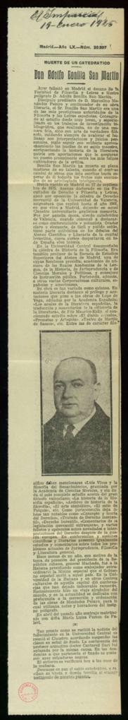 Recorte del diario El Imparcial de 19 de enero de 1926, con la noticia del fallecimiento de Adolf...