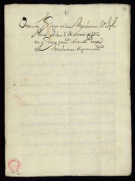 Oración que leyó en la Academia D. José [Antonio] Porcel el día 5 de enero de 1752 en que tomó po...