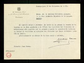 Carta de Juan Casas, gobernador civil de Guadalajara y jefe provincial del Movimiento, a Melchor ...