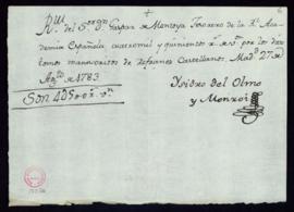 Recibo de Isidro del Olmo y Monroy de 4500 reales de vellón por los diez tomos manuscritos de ref...