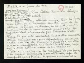 Carta de José Manont a Melchor Fernández Almagro en la que discrepa del análisis realizado por el...
