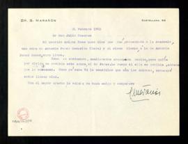Carta de Gregorio Marañón a Julio Casares para solicitarle que envíe acuse de recibo a Antonio Pé...