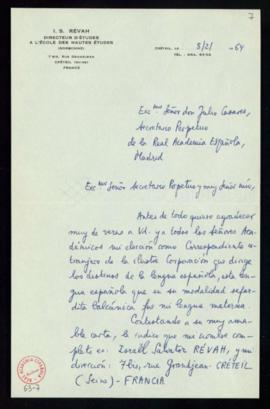 Carta de I. S. Révah a Julio Casares en la que le agradece su elección como correspondiente extra...