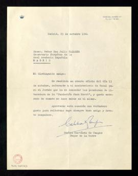 Carta de Carlos Martínez de Campos, duque de la Torre, a Julio Casares en la que acusa recibo del...