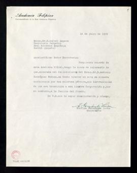 Carta de Enrique Fernández Lumba, secretario de la Academia Filipina, a Rafael Lapesa, secretario...