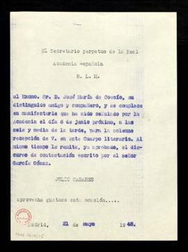Copia sin firma del besalamano de Julio Casares a José María de Cossío en el que le manifiesta qu...
