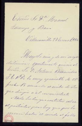 Carta de Juan de Soto a Manuel Tamayo y Baus de comunicación de las circunstancias del fallecimie...