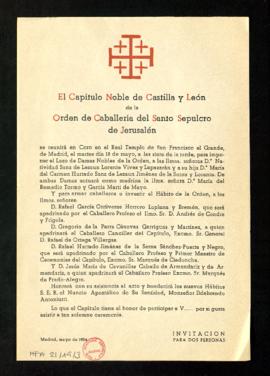 Invitación al capítulo noble de Castilla y León de la Orden de Caballería del Santo Sepulcro de J...