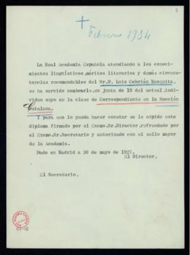 Minuta del diploma de Luis Cebrián Mezquita de académico correspondiente en la sección catalana