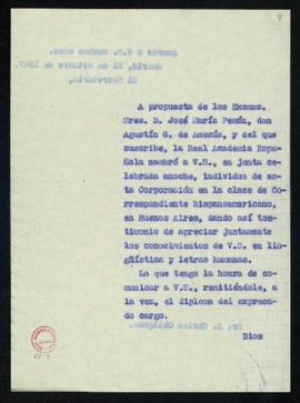 Copia sin firma del oficio del secretario a Carlos Obligado de traslado de su nombramiento como a...