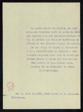 Copia sin firma del oficio del secretario a Abel Alarcón, secretario de la Academia Boliviana, de...
