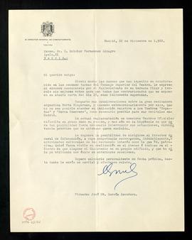 Carta de José María García Escudero, director general de Cinematografía y Teatro, a Melchor Ferná...