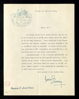 Carta de Julio Guillén, director del Museo Naval, [a Julio Casares] en la que acusa recibo de la ...