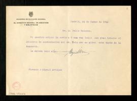 Carta de Miguel Artigas, director general de Archivos y Bibliotecas del Ministerio de Educación N...