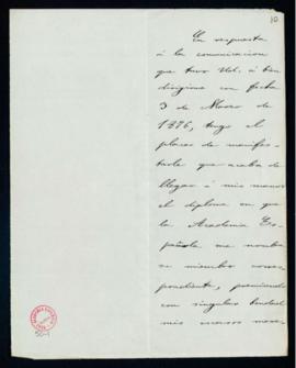 Carta de Adolfo Llanos Alcaraz a Manuel Tamayo y Baus en la que acusa recibo del diploma de acadé...