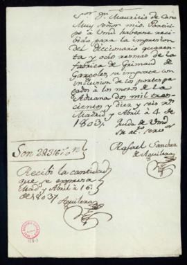Carta de Rafael Sánchez de Aguilera a Mauricio de Cano sobre la recepción de 60 resmas de la fábr...