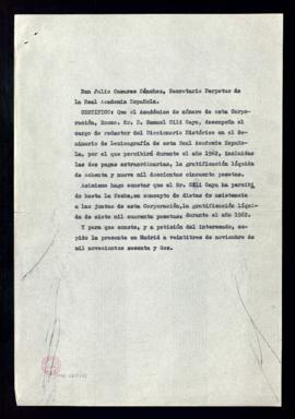 Copia sin firma de la certificación del secretario perpetuo de la Real Academia Española, Julio C...