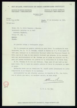 Carta de C. F. Adolf van Dam a Julio Casares en la que le recomienda a su ayudante, B. N. Teensma...