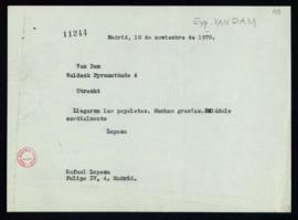 Minuta del telegrama de Rafael Lapesa a C. F. Adolf van Dam de acuse de recibo de las papeletas