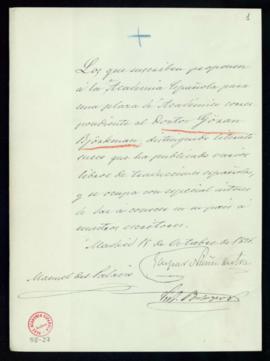 Propuesta firmada por Gaspar Núñez de Arce, Manuel del Palacio y V[íctor] Balaguer de Göran Björk...