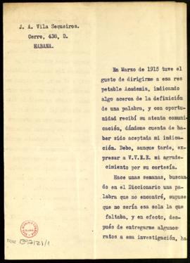 Carta de J. A. Vila Sequeiros con la que remite una lista de vocablos omitidos en la 14.ª edición...