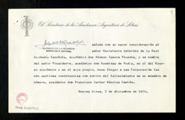 Saluda de Alfredo de la Guardia, secretario general de la Academia Argentina de Letras, a Alonso ...