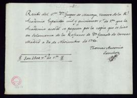 Recibo de Tomás Antonio Sánchez de 1500 reales de vellón por la copia que se hizo en Salamanca de...