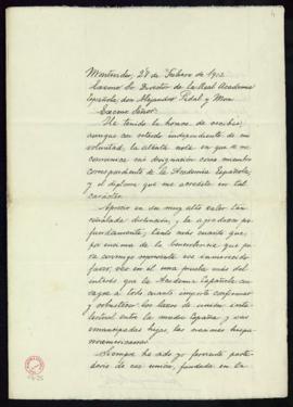 Carta de José Enrique Rodó al director, Alejandro Pidal y Mon, de acuse de recibo de su designaci...