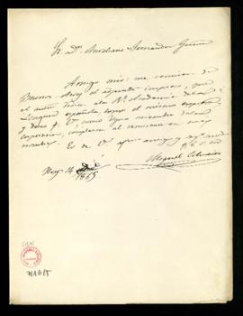 Carta de Miguel Colmeiro a Aureliano Fernández-Guerra con la que le remite un impreso que le ha e...