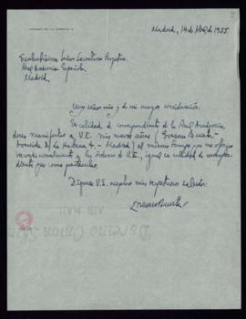 Carta de Erasmo Buceta al secretario con la comunicación de sus nuevas señas en Madrid