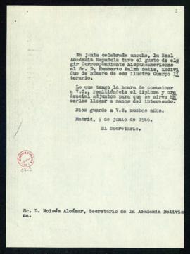Copia sin firma del oficio del secretario a Moisés Alcázar, secretario de la Academia Boliviana, ...