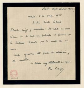 Carta de Pío Baroja a Emilio Cotarelo para agradecer el pésame por la muerte de su madre