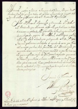 Orden del marqués de Villena de libramiento a favor de Manuel de Villegas Piñateli de 750 reales ...