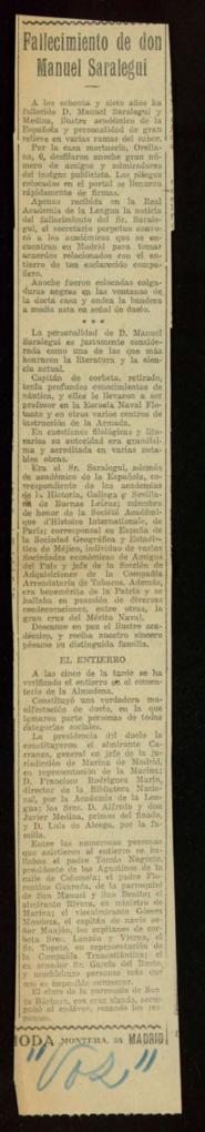 Recorte del diario La Voz de 21 de agosto de 1926, con la noticia del fallecimiento de Manuel de ...