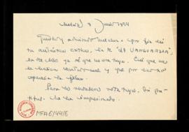 Carta de Carmen Conde a Melchor Fernández Almagro en la que le dice que ha leído su crítica de La...