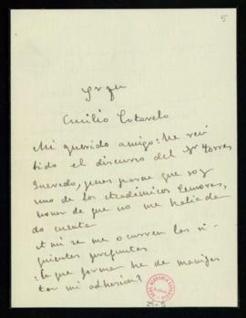 Carta de Miguel Echegaray a Emilio Cotarelo en la que le manifiesta que ha recibido el discurso d...