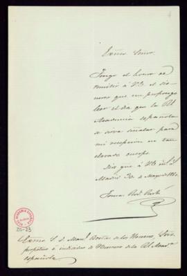 Carta de Tomás Rod[ríguez] Rubí a Man[ue]l Bretón de los Herreros con la que remite su discurso d...