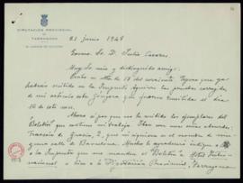 Carta del asesor de Cultura de la Diputación provincial de Tarragona, Manuel de Montoliú, a Julio...