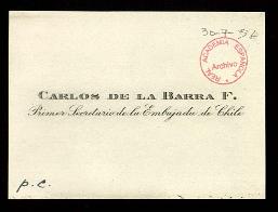 Tarjeta de visita de Carlos de la Barra F., Primer Secretario de la Embajada de Chile