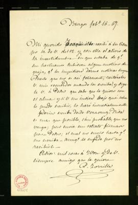 Carta de José Zorrilla [a Joaquín de Alarcón] en la que se alegra de que Pedro Antonio de Alarcón...