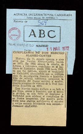 Recorte de ABC con la noticia titulada Cumpleaños de don Narciso Alonso-Cortés, por Francisco Álvaro