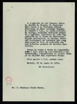 Copia del oficio del secretario a Giuseppe Carlo Rossi de traslado de su elección como académico ...