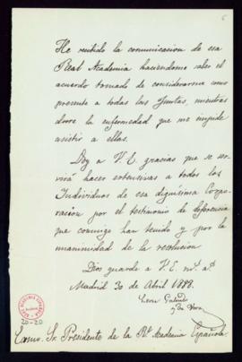Carta de León Galindo y de Vera al director [conde de Cheste] en la que expresa su gratitud a la ...