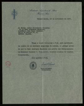 Carta de Luis Alfonso, secretario de la Academia Argentina de Letras, a Julio Casares en la que l...