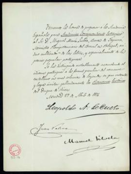 Propuesta firmada por Leopoldo A. de Cueto, Juan Valera y Manuel Silvela de Miguel María Lisboa, ...
